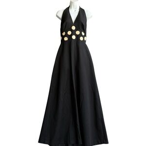 Vintage 60s GAY GIBSON Halter Maxi Dress Women's S Polka Dot Black